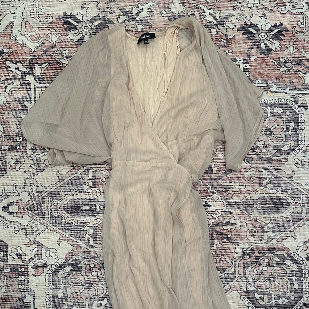 Maternity Dress, Cream with gold stripes, wrap dress with short sleeves, size M